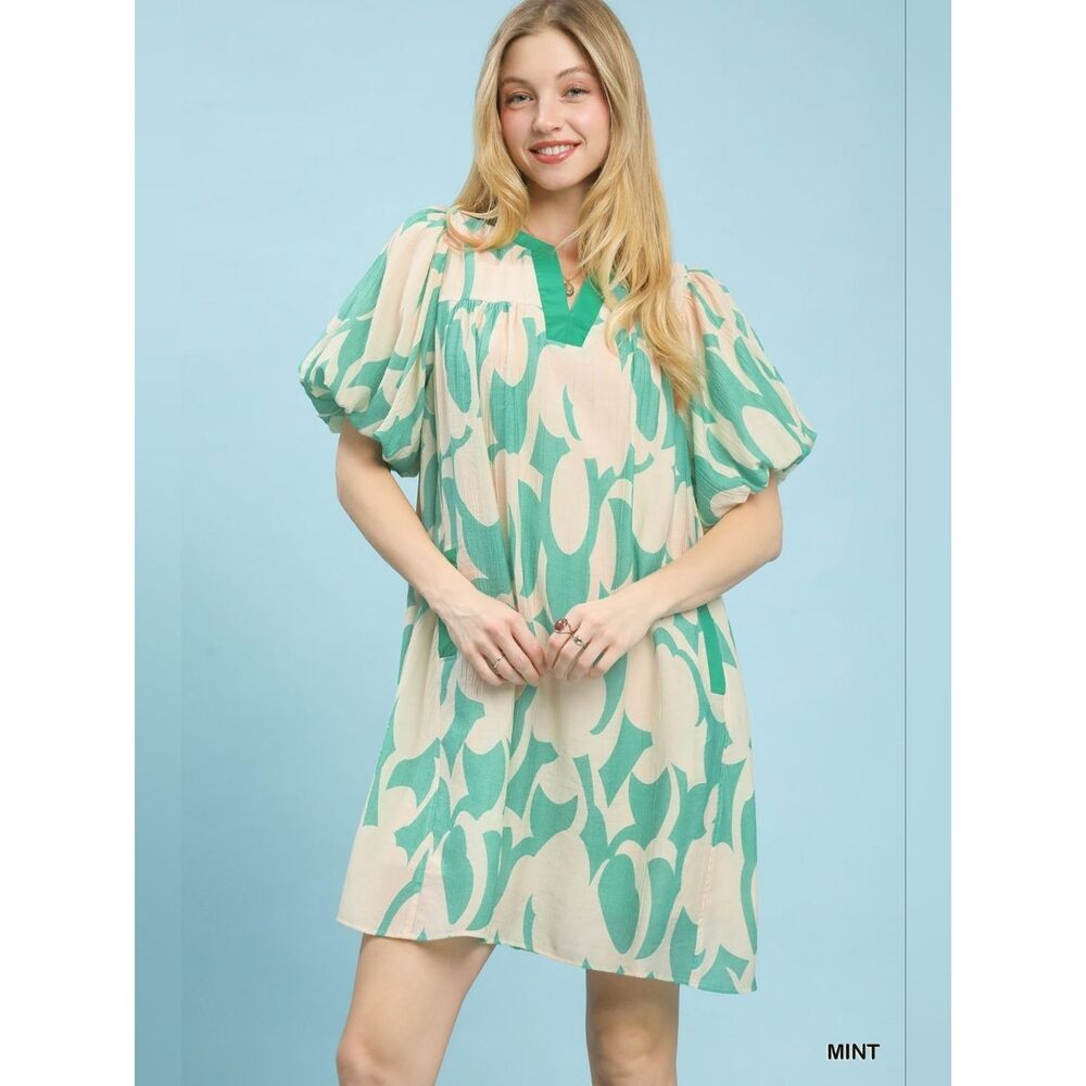 Umgee Abstract Print Puff Mint Cream Puff-Sleeve Shift Dress Sz S M L